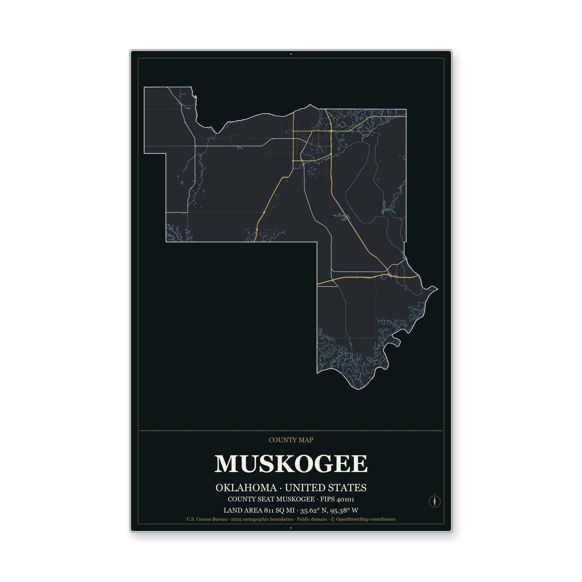 Muskogee County, Oklahoma Map Aluminum Sign in Metropolitan Noir style