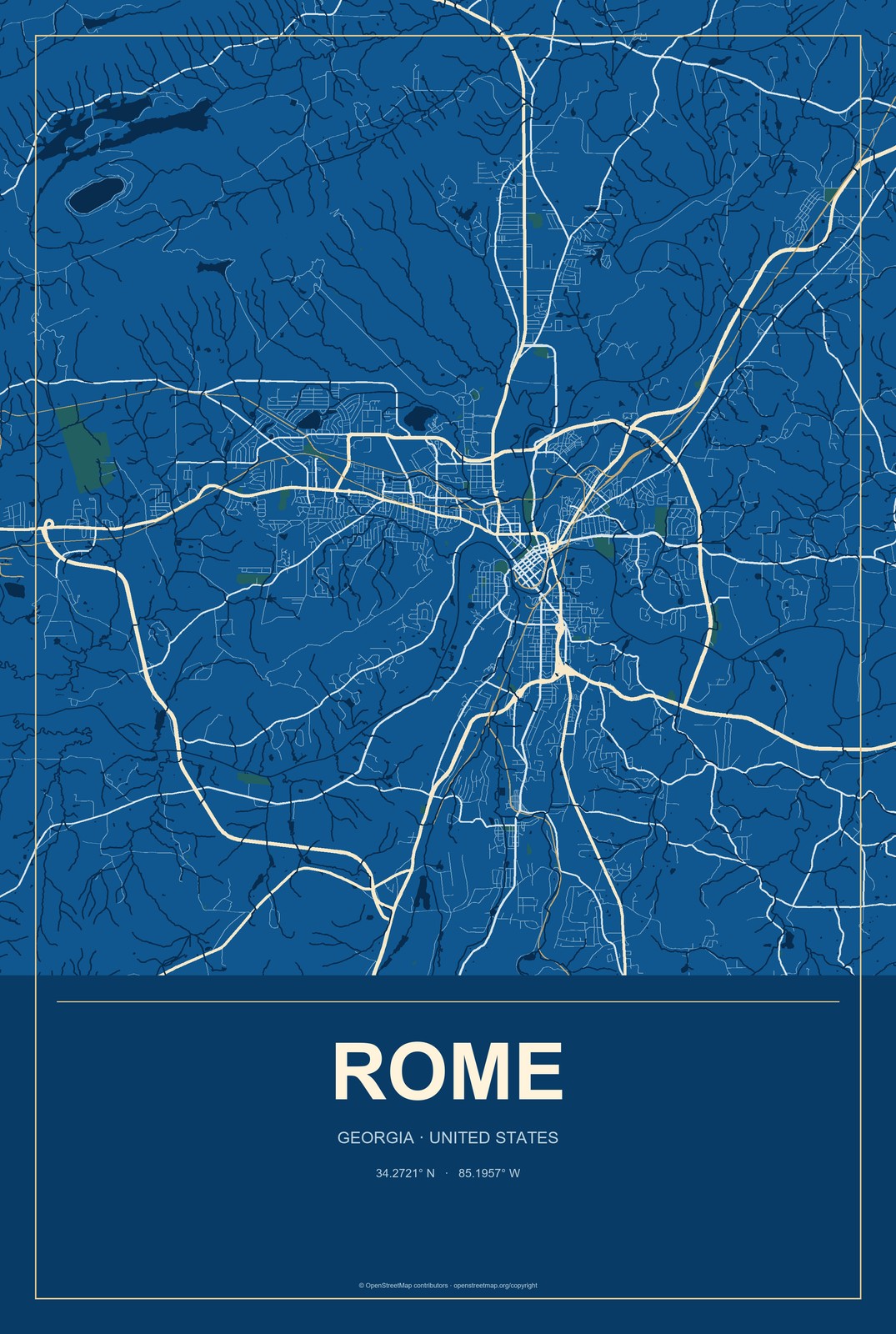 Rome, Georgia City Map Aluminum Sign in Harbor Cobalt style
