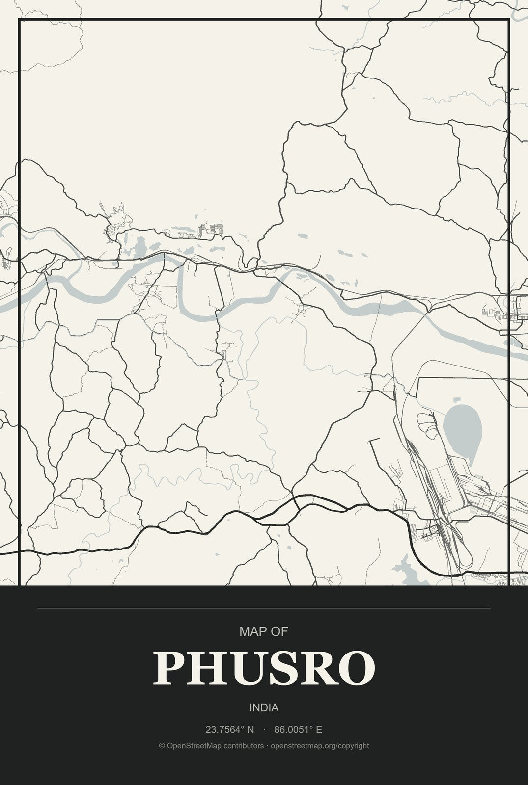 Phusro, India City Map Aluminum Sign in Museum Plaque style