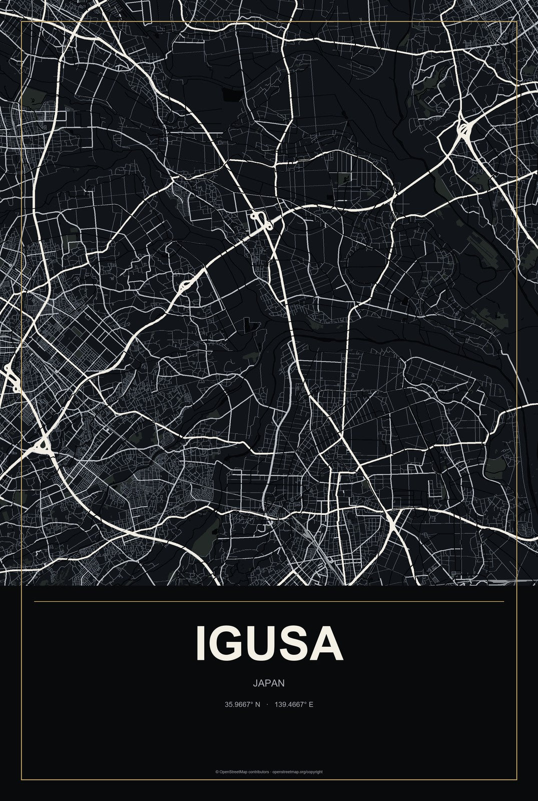 Igusa, Japan City Map Aluminum Sign in Metropolitan Noir style