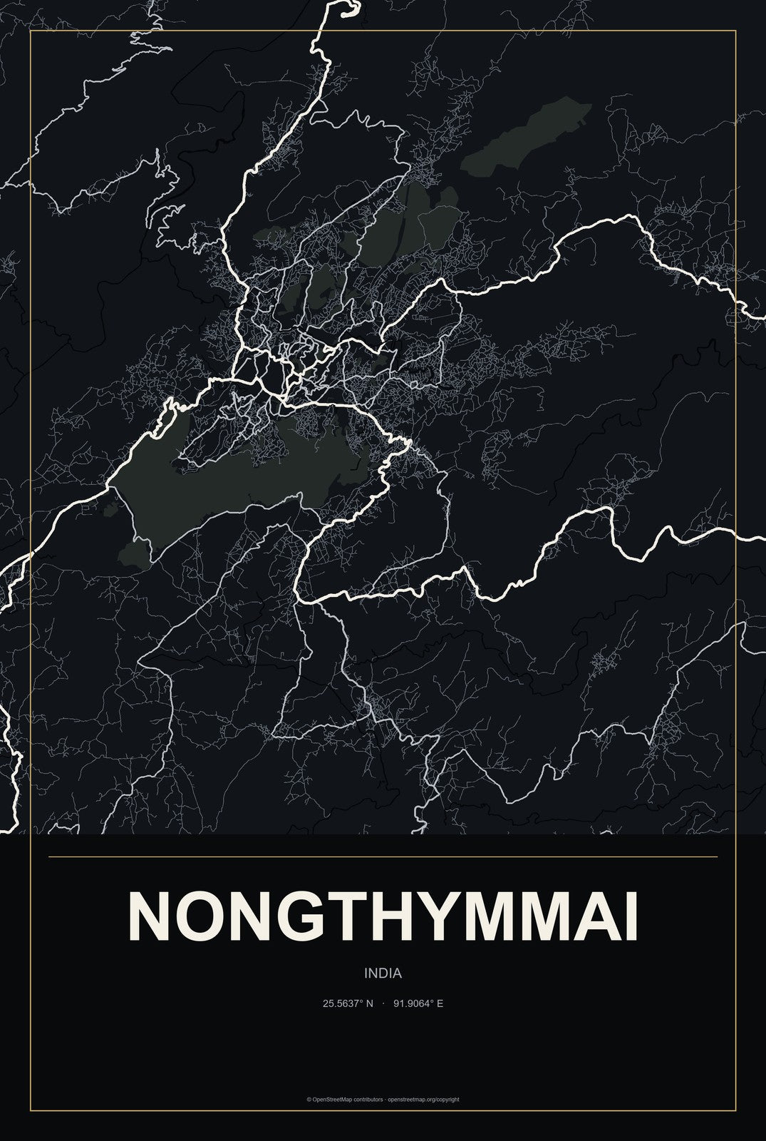 Nongthymmai, India City Map Aluminum Sign in Metropolitan Noir style