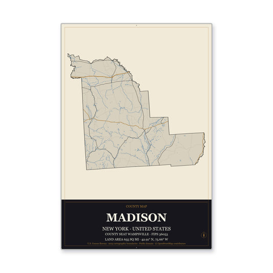 Madison County, New York Map Aluminum Sign in Museum Plaque style
