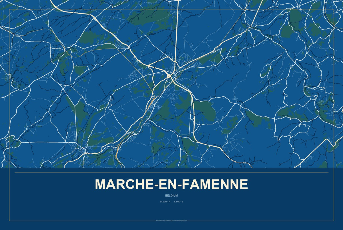 Marche-en-Famenne, Belgium City Map Aluminum Sign in Harbor Cobalt style