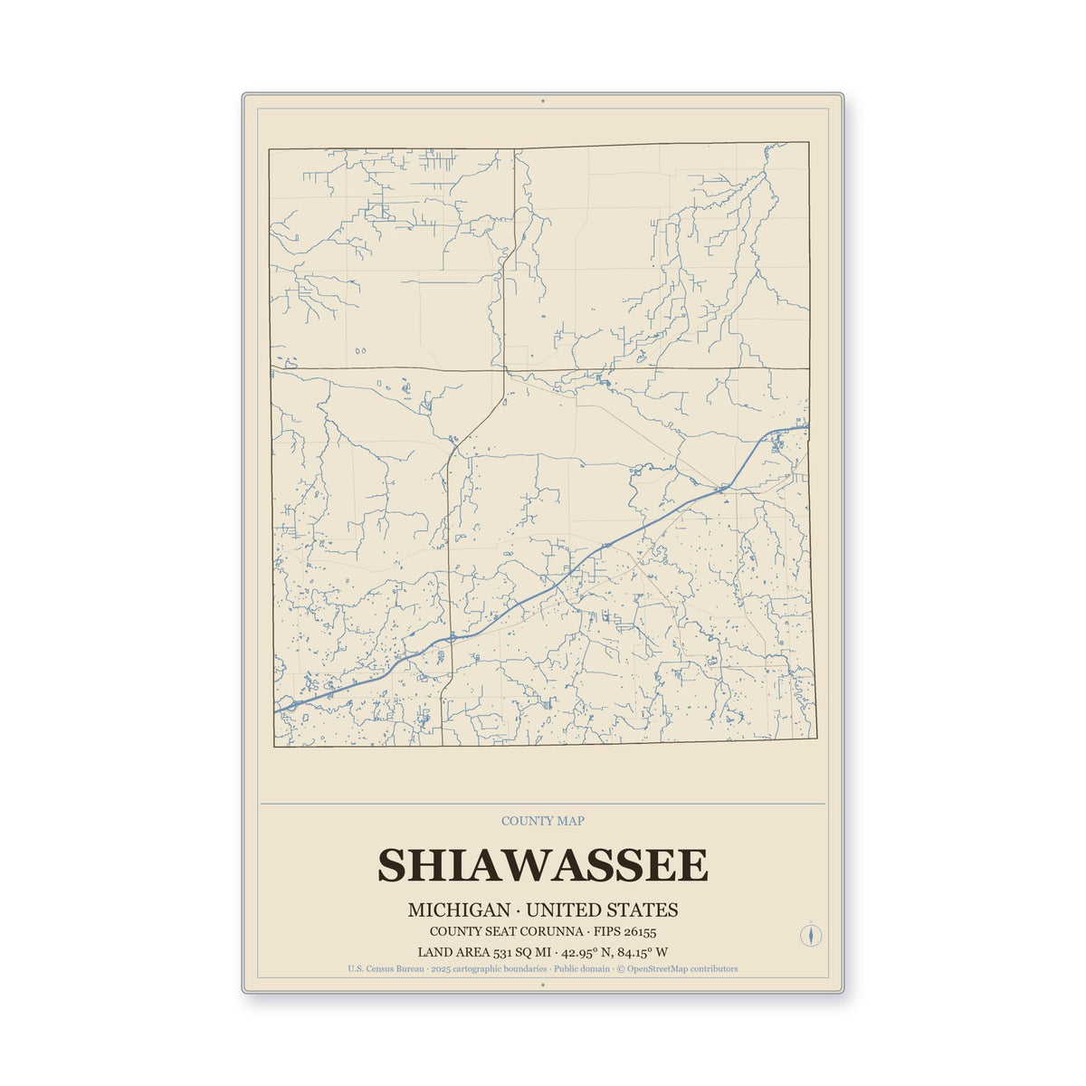 Shiawassee County, Michigan Map Aluminum Sign in Heritage Nautical style