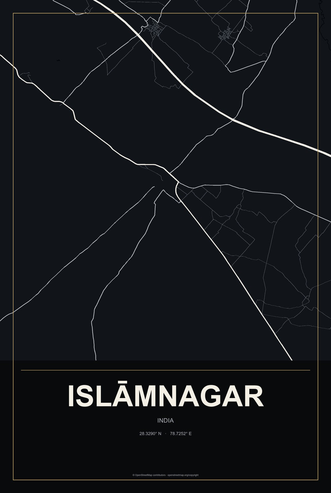Islāmnagar, India City Map Aluminum Sign in Metropolitan Noir style