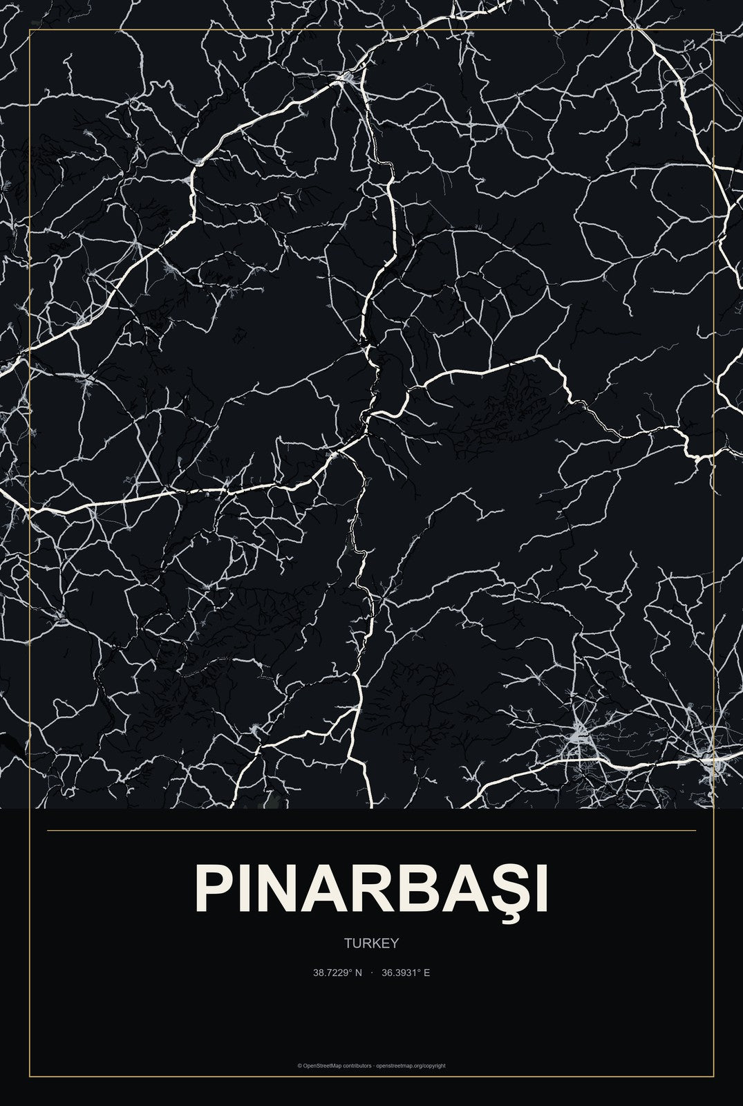 Pınarbaşı, Kayseri, Turkey City Map Aluminum Sign in Metropolitan Noir style