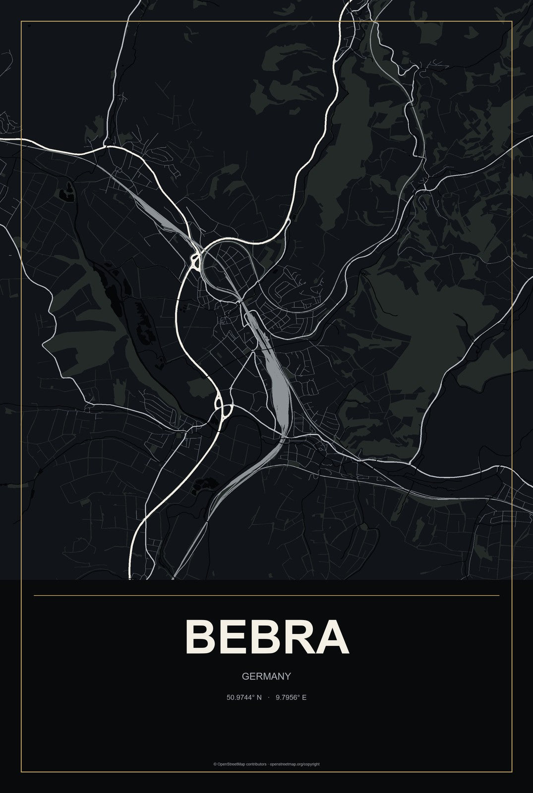 Bebra, Germany City Map Aluminum Sign in Metropolitan Noir style