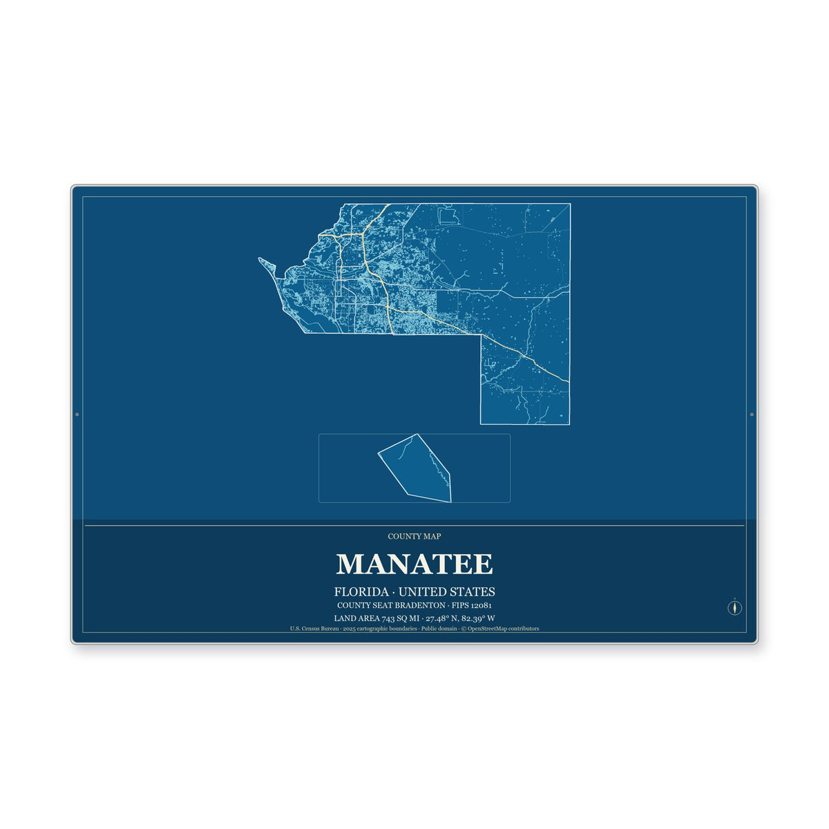 Manatee County, Florida Map Aluminum Sign in Harbor Cobalt style