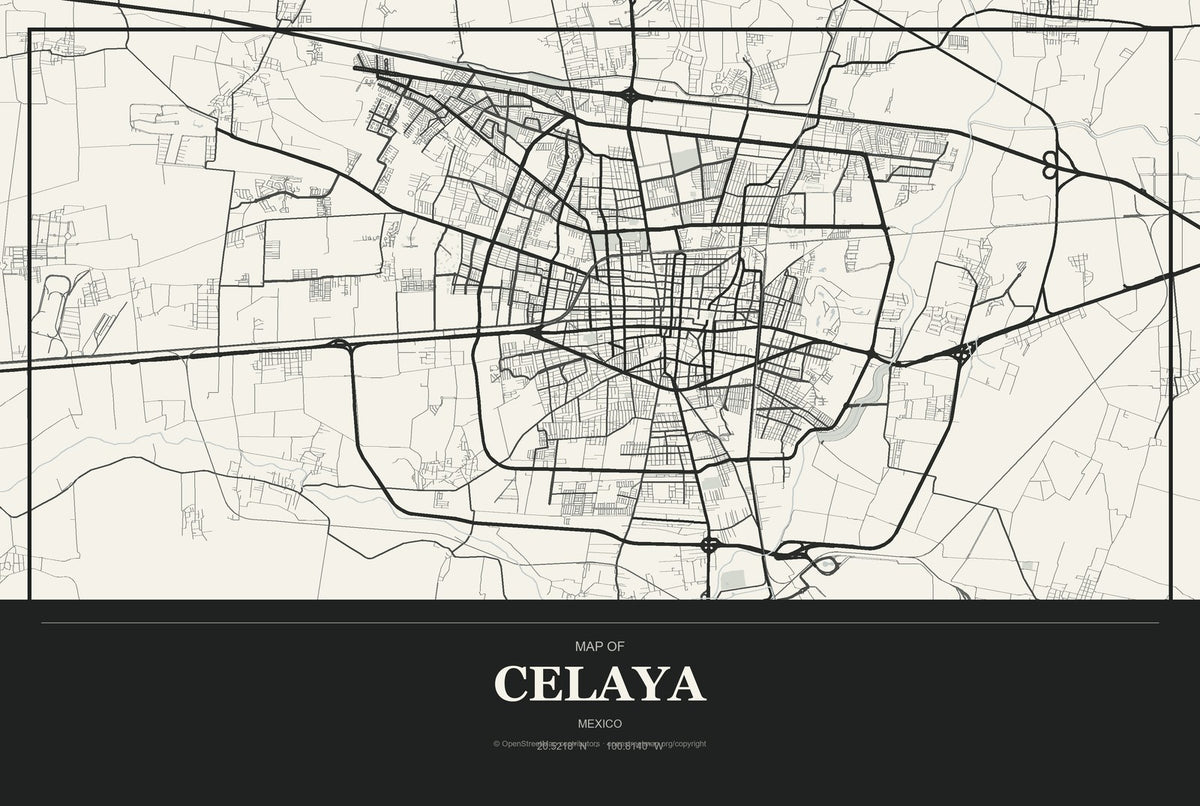 Celaya, Mexico City Map Aluminum Sign in Museum Plaque style