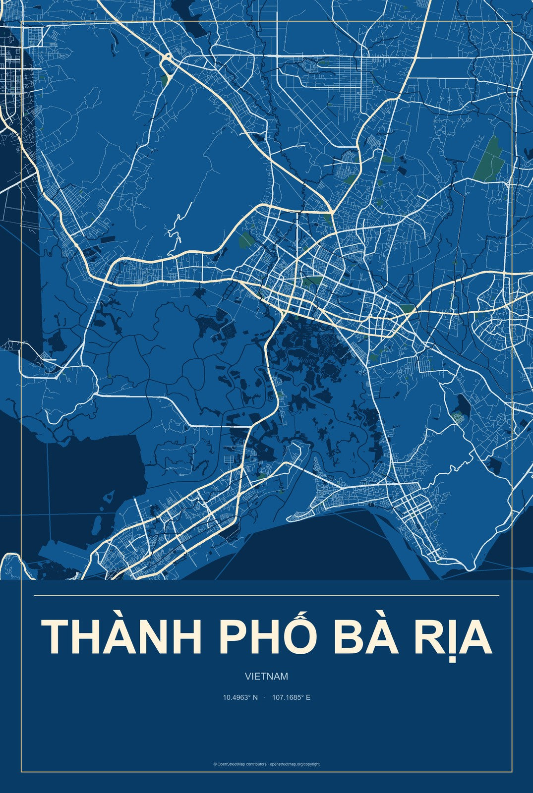 Thành Phố Bà Rịa, Vietnam City Map Aluminum Sign in Harbor Cobalt style