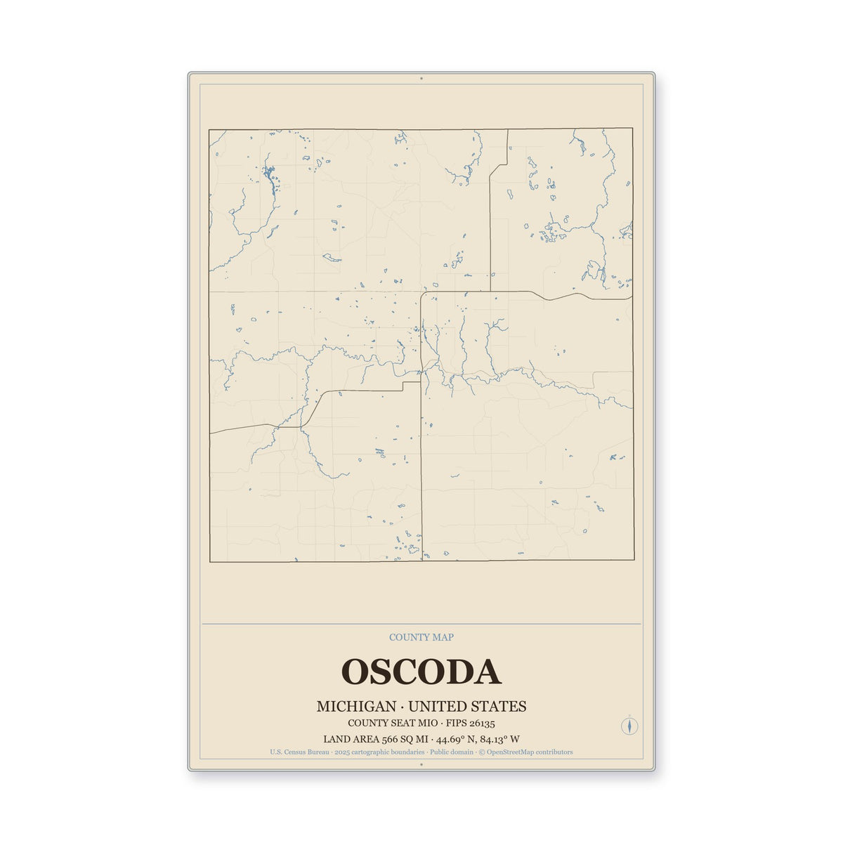 Oscoda County, Michigan Map Aluminum Sign in Heritage Nautical style