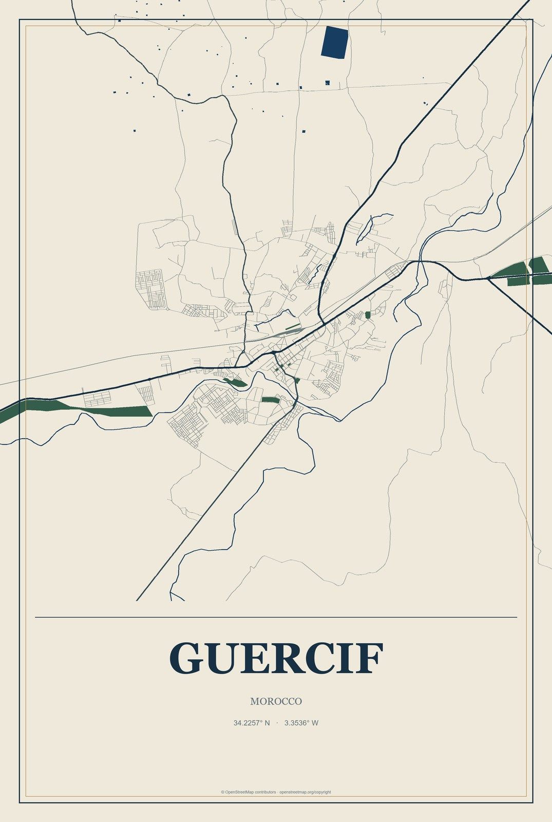 Guercif, Morocco City Map Aluminum Sign in Coastal Cutout style