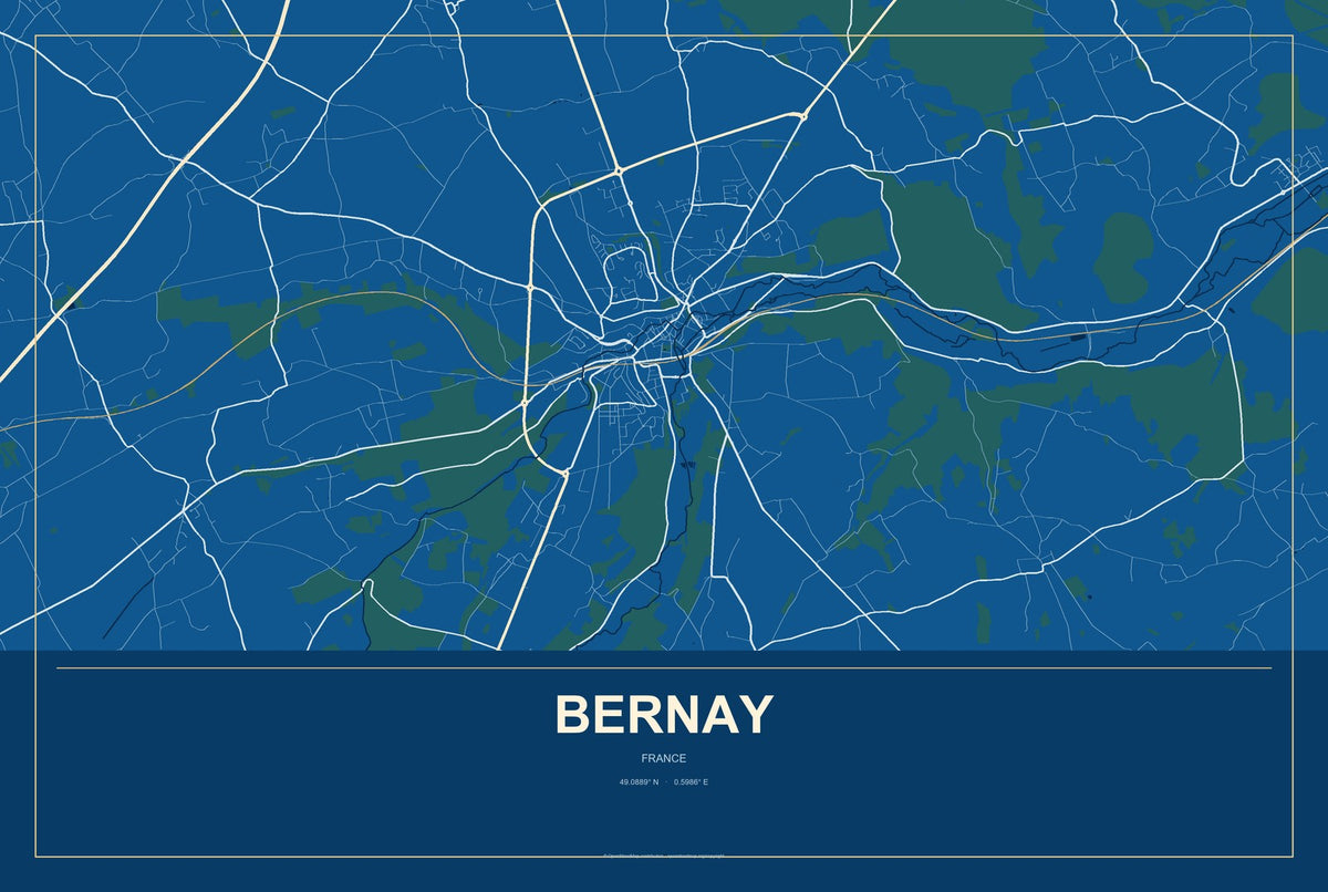 Bernay, France City Map Aluminum Sign in Harbor Cobalt style