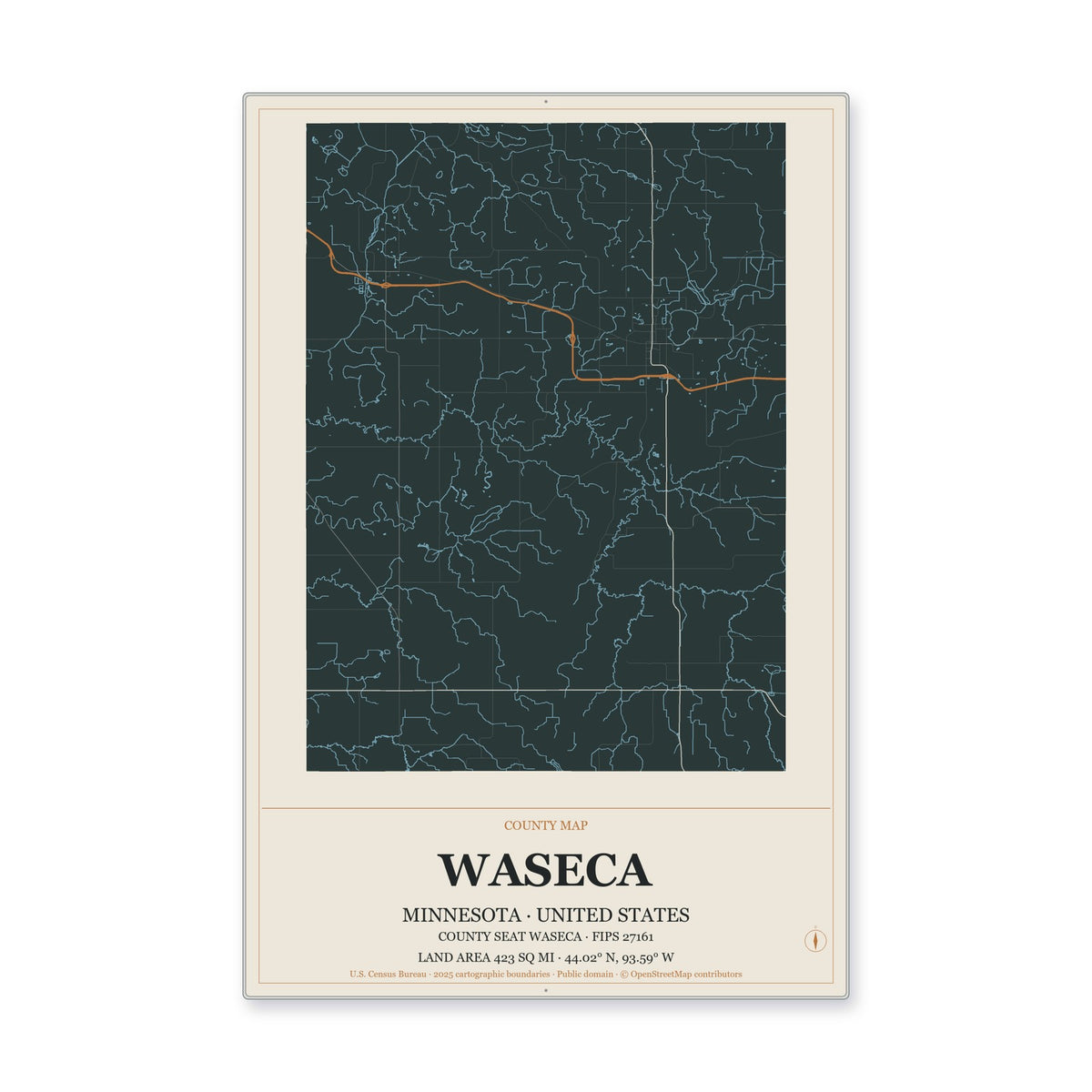 Waseca County, Minnesota Map Aluminum Sign in Headline Atlas style