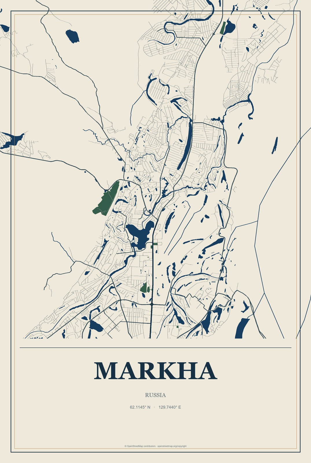 Markha, Russia City Map Aluminum Sign in Coastal Cutout style