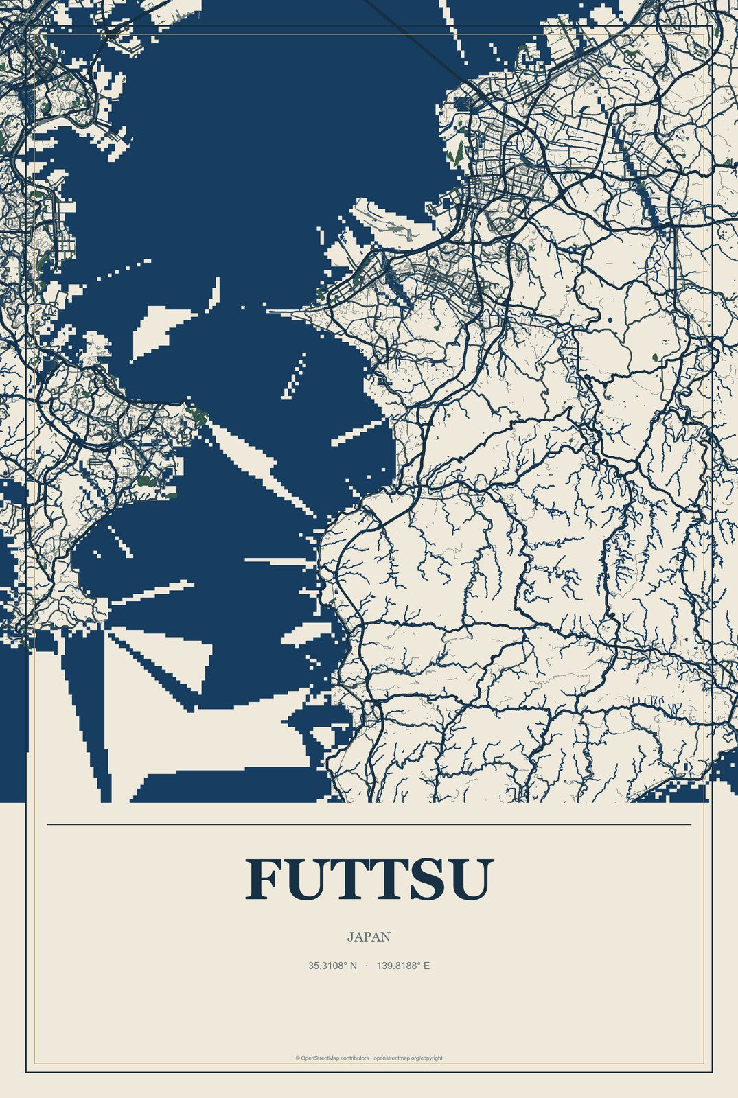 Futtsu, Japan City Map Aluminum Sign in Coastal Cutout style