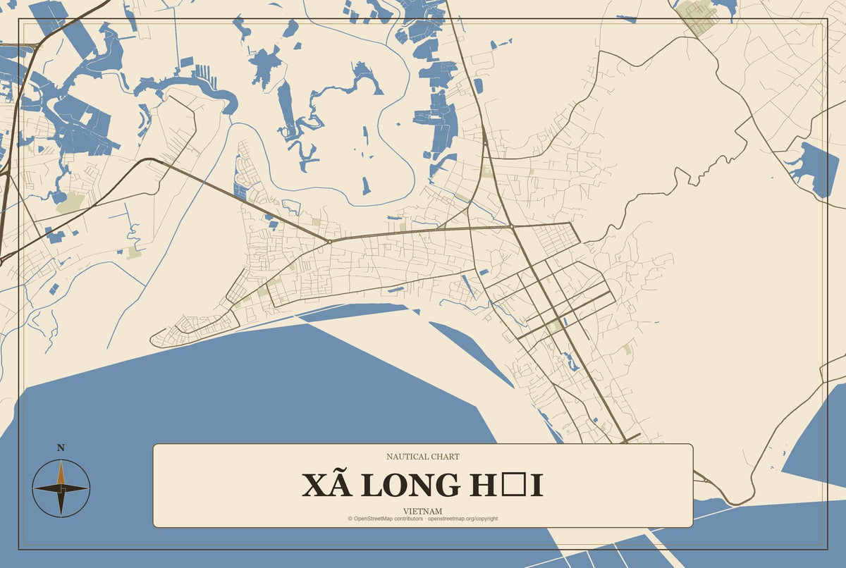 Xã Long Hải, Vietnam City Map Aluminum Sign in Heritage Nautical style