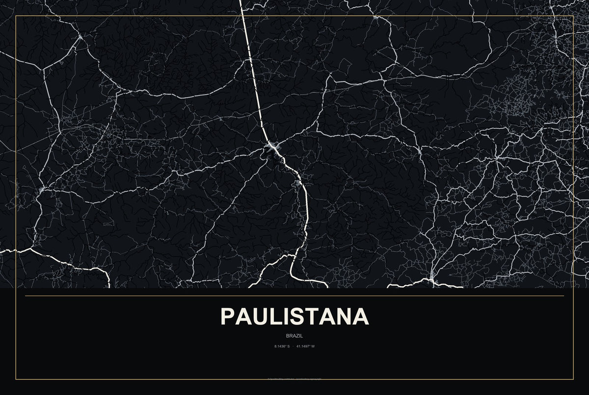 Paulistana, Brazil City Map Aluminum Sign in Metropolitan Noir style