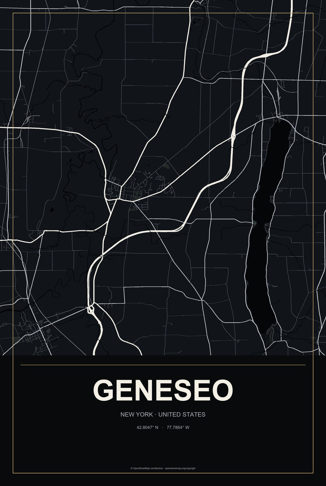 Geneseo, New York City Map Aluminum Sign in Metropolitan Noir style
