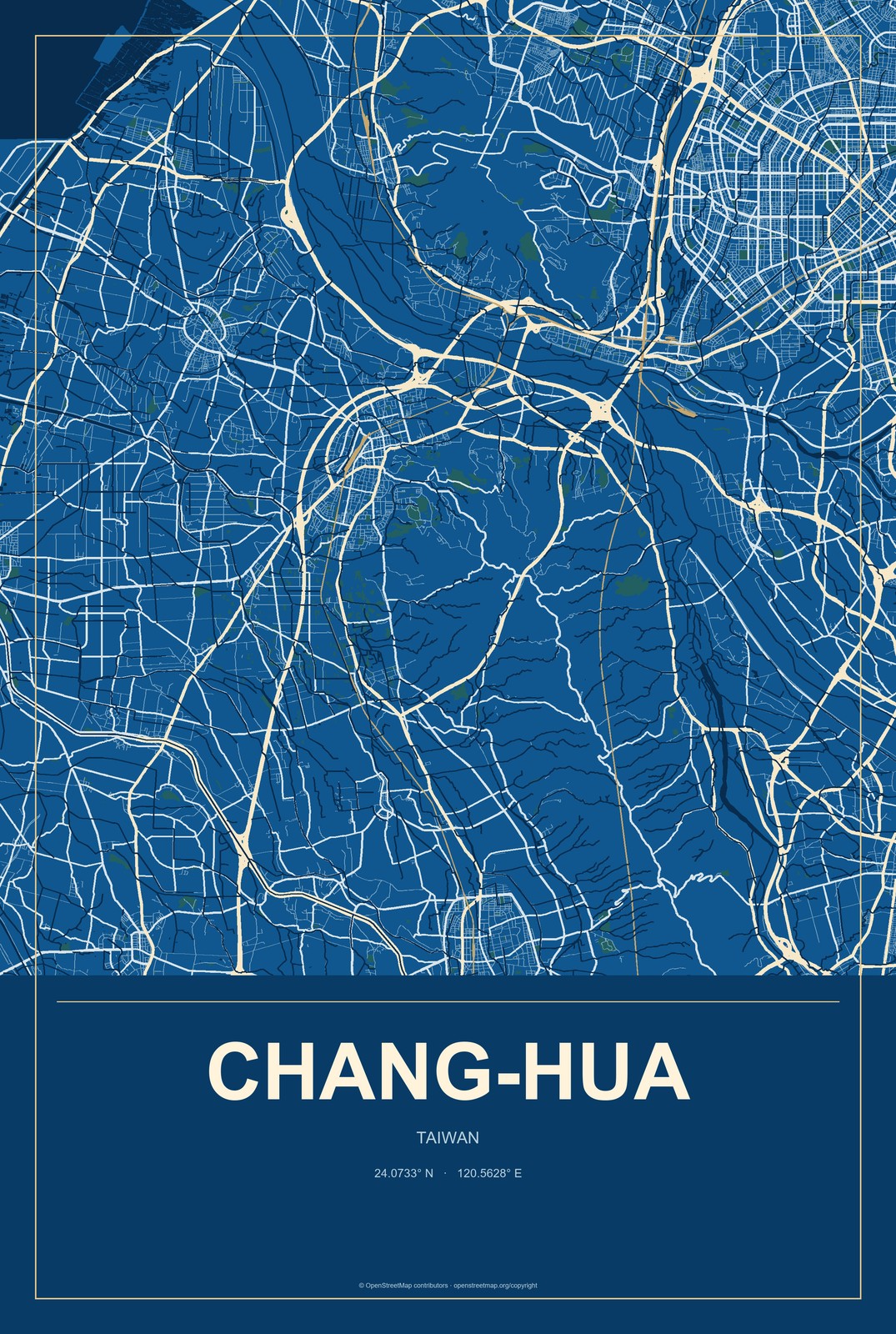 Chang-hua, Taiwan City Map Aluminum Sign in Harbor Cobalt style