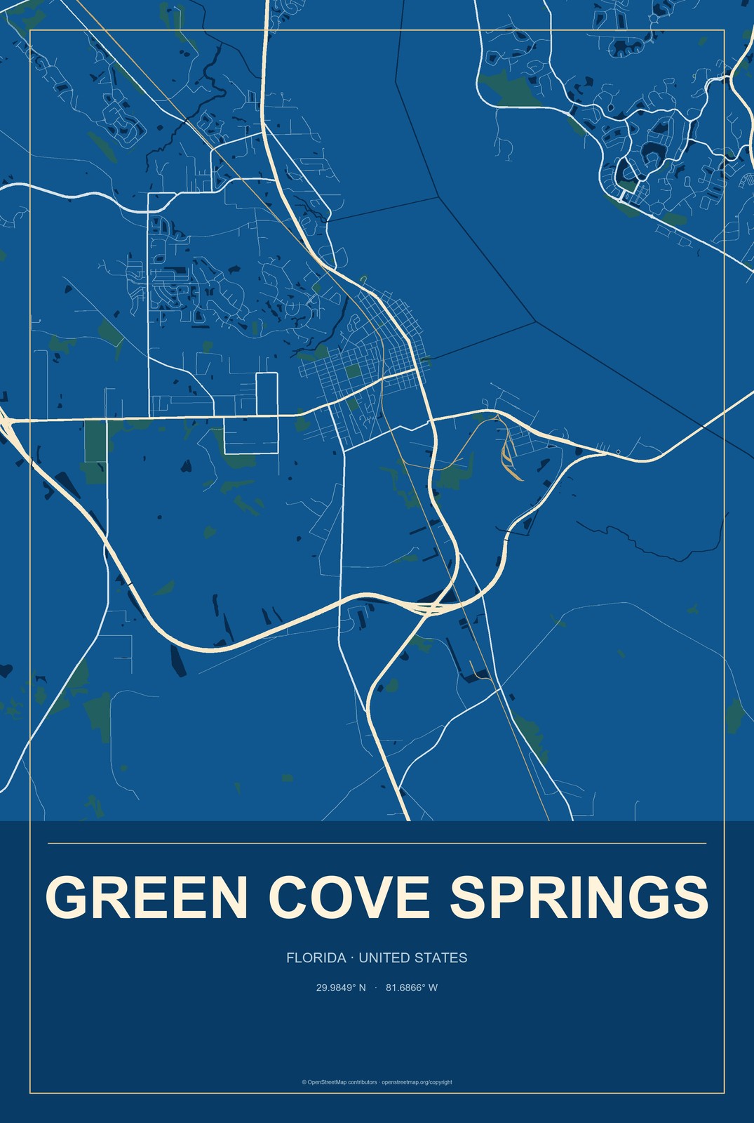 Green Cove Springs, Florida City Map Aluminum Sign in Harbor Cobalt style