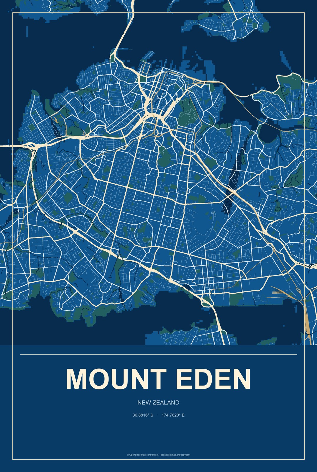 Mount Eden, New Zealand City Map Aluminum Sign in Harbor Cobalt style