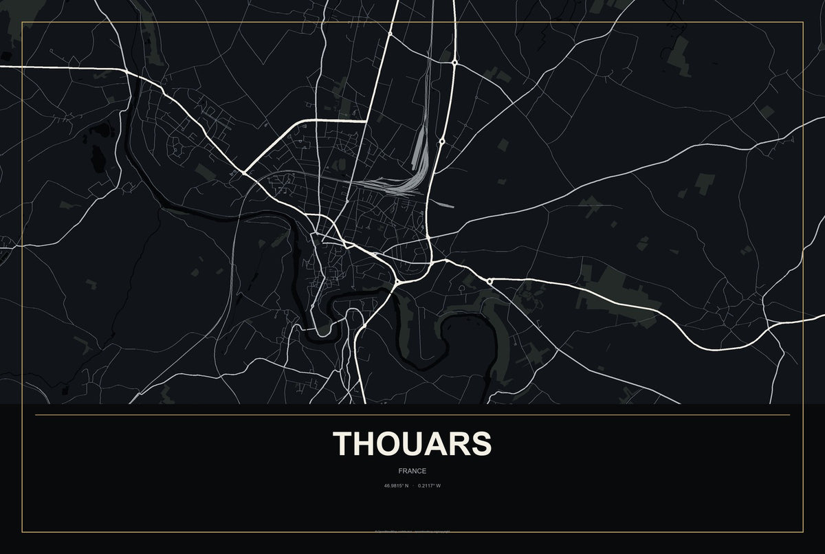 Thouars, France City Map Aluminum Sign in Metropolitan Noir style