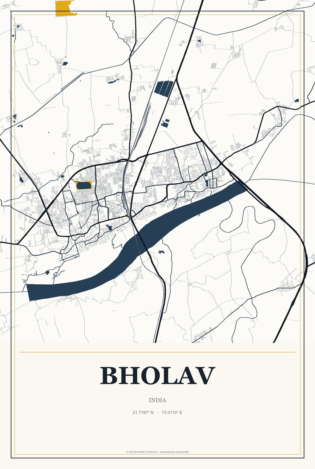 Bholav, India City Map Aluminum Sign in Citrine Modern style