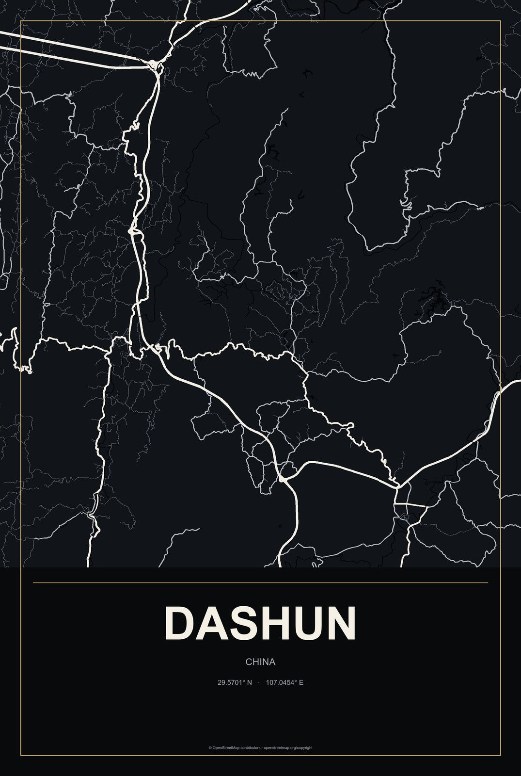 Dashun, China City Map Aluminum Sign in Metropolitan Noir style