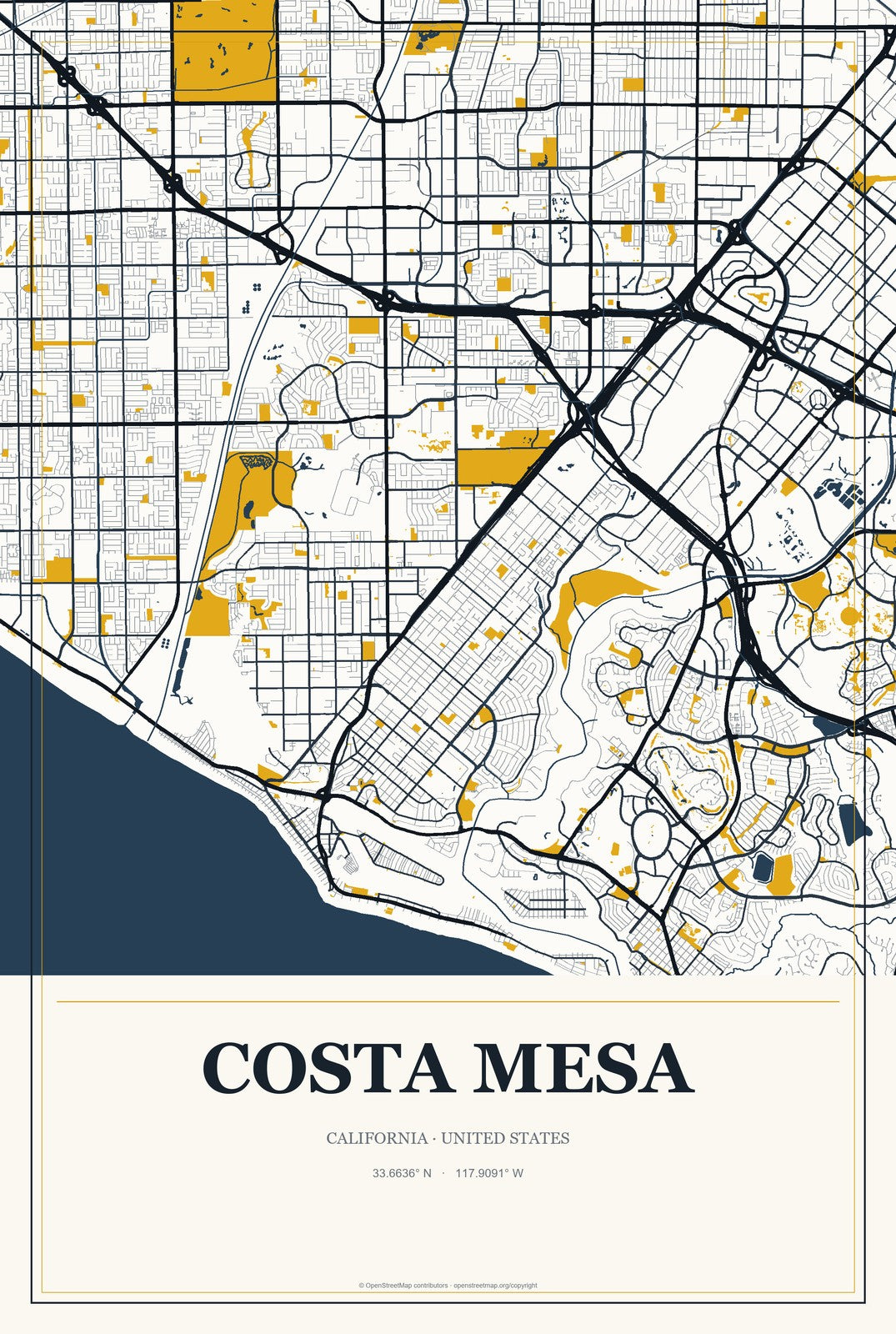 Costa Mesa, California City Map Aluminum Sign in Citrine Modern style