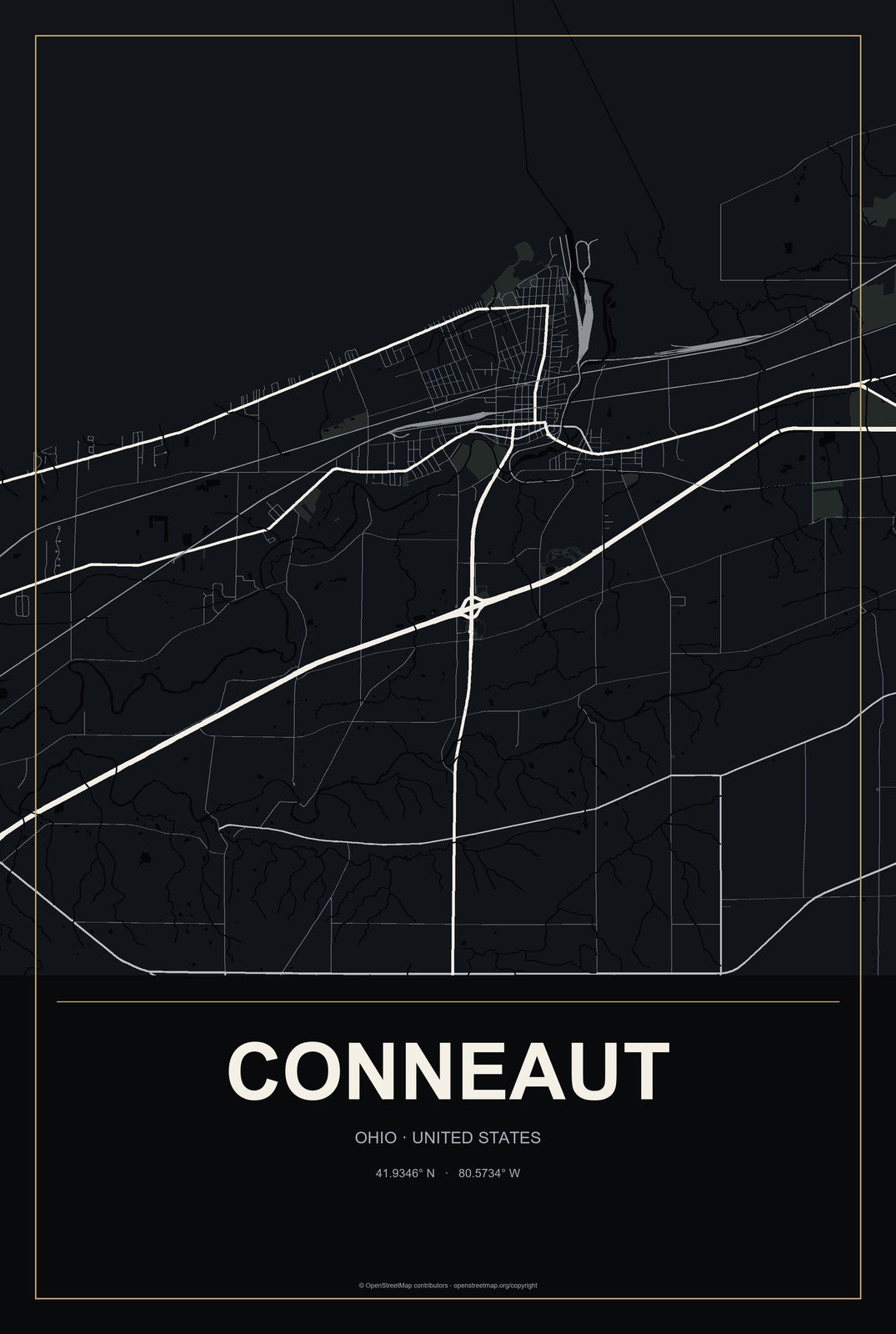 Conneaut, Ohio City Map Aluminum Sign in Metropolitan Noir style