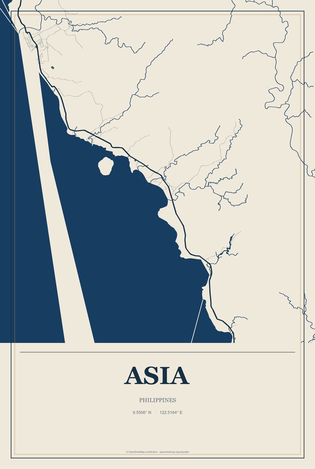 Asia, Philippines City Map Aluminum Sign in Coastal Cutout style