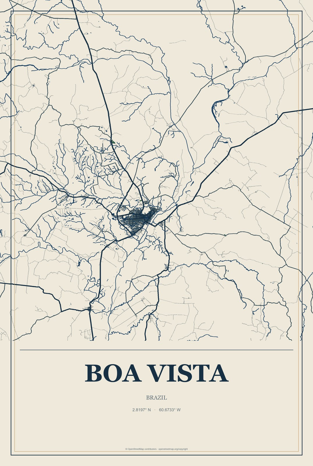 Boa Vista, Brazil City Map Aluminum Sign in Coastal Cutout style