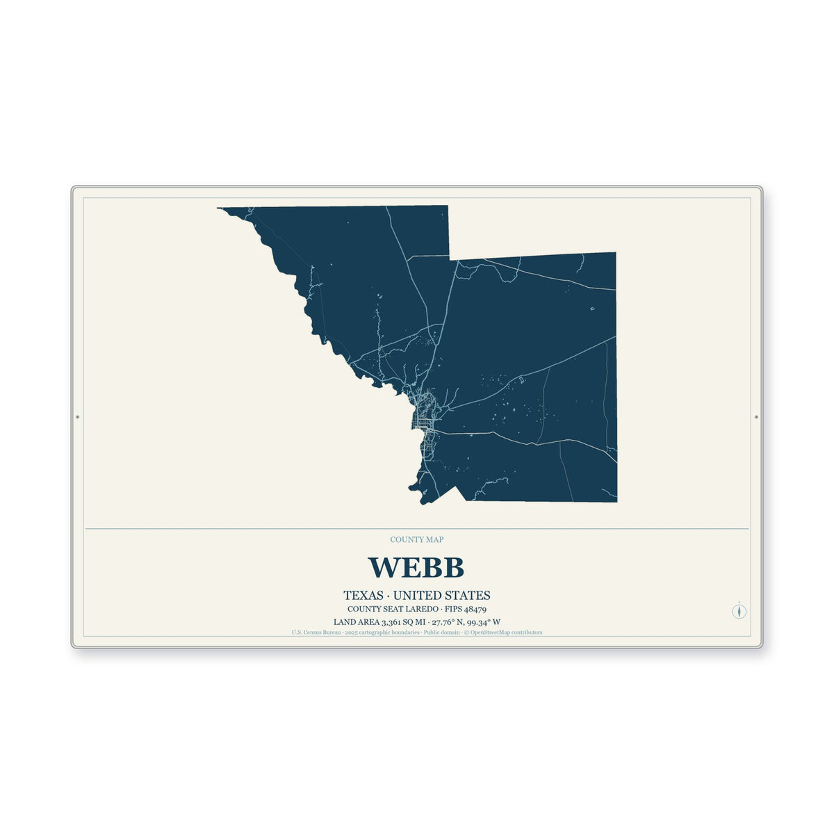 Webb County, Texas Map Aluminum Sign in Coastal Cutout style