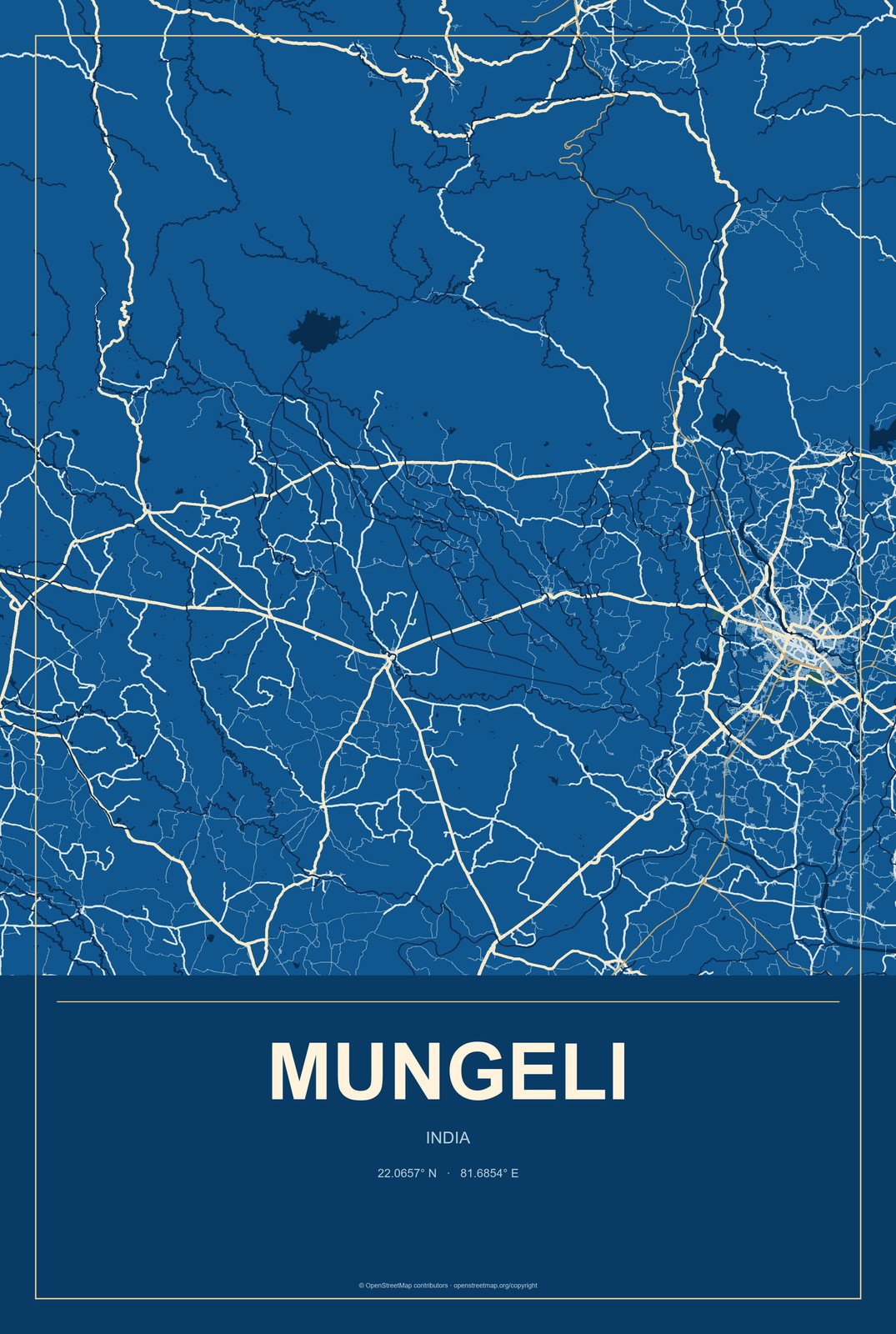 Mungeli, India City Map Aluminum Sign in Harbor Cobalt style
