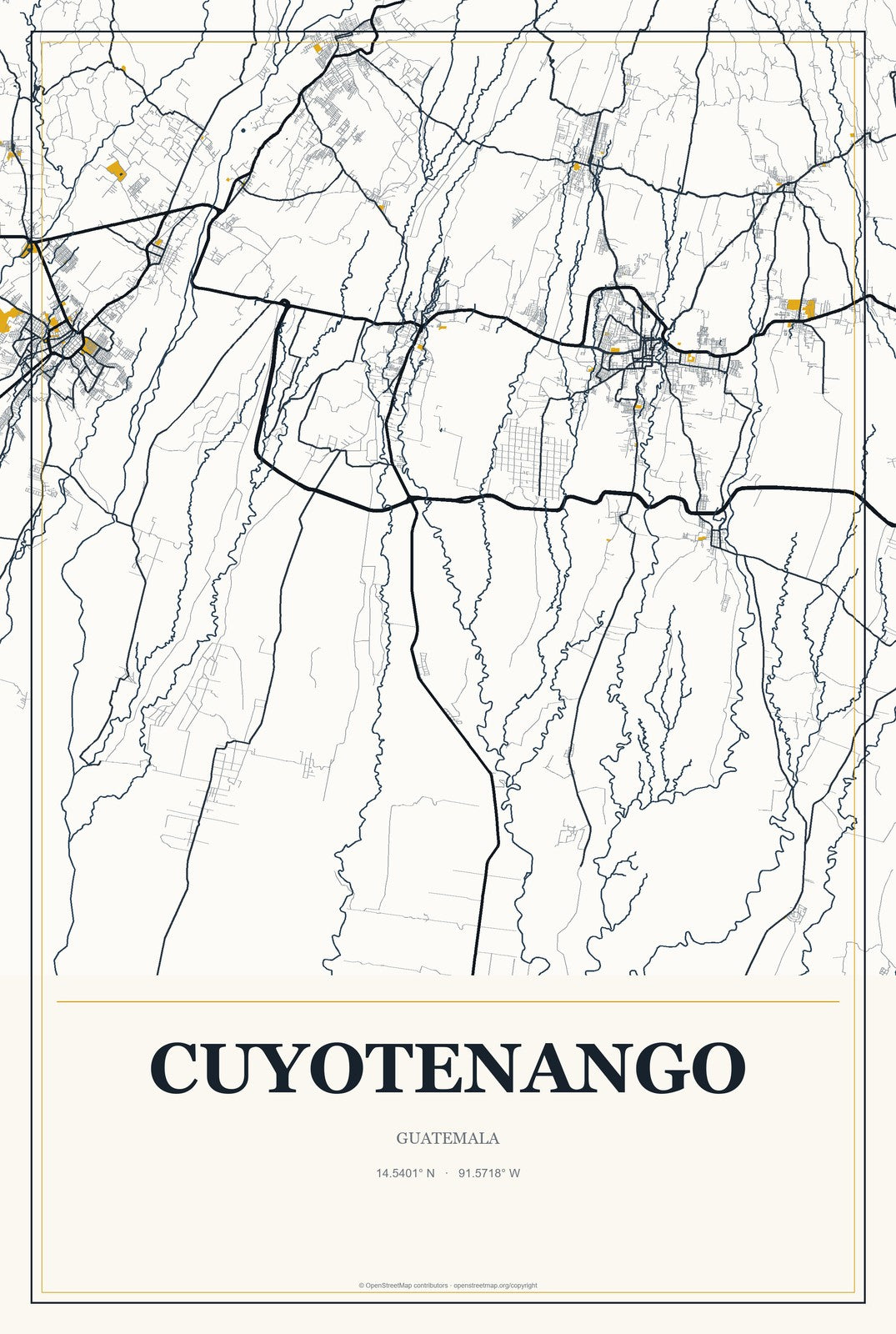 Cuyotenango, Guatemala City Map Aluminum Sign in Citrine Modern style