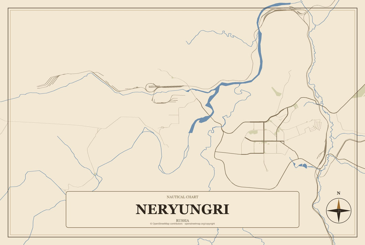 Neryungri, Russia City Map Aluminum Sign in Heritage Nautical style