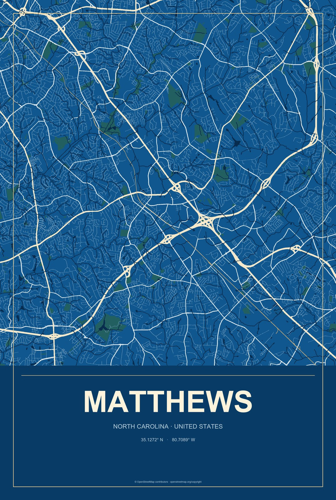 Matthews, North Carolina City Map Aluminum Sign in Harbor Cobalt style