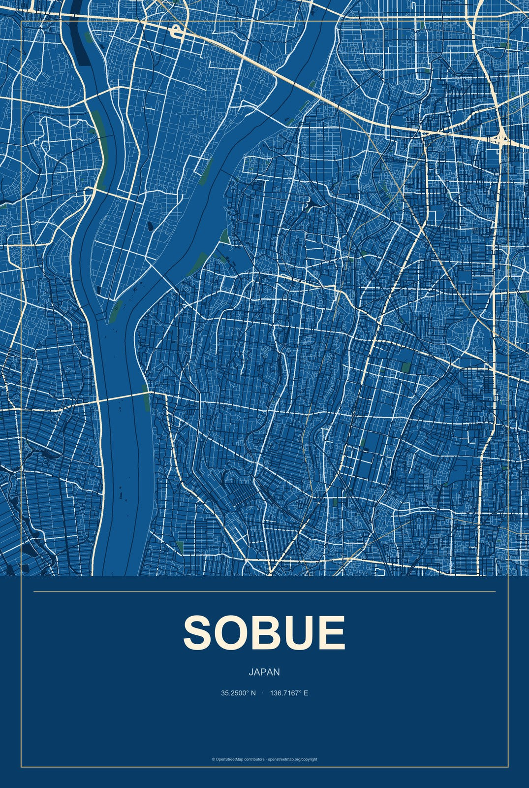 Sobue, Japan City Map Aluminum Sign in Harbor Cobalt style
