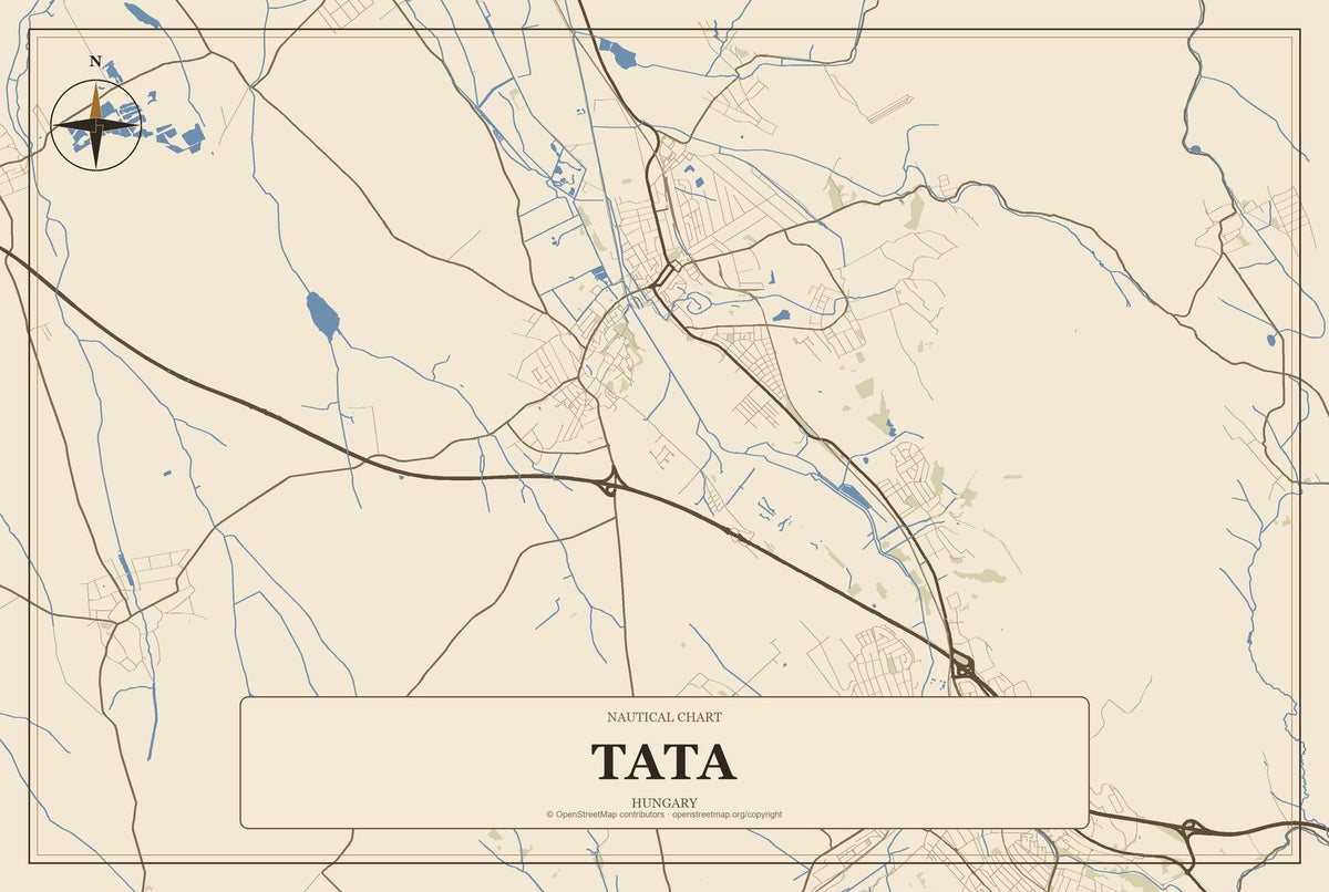Tata, Hungary City Map Aluminum Sign in Heritage Nautical style