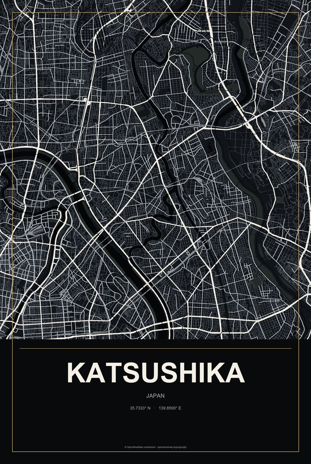 Katsushika, Japan City Map Aluminum Sign in Metropolitan Noir style