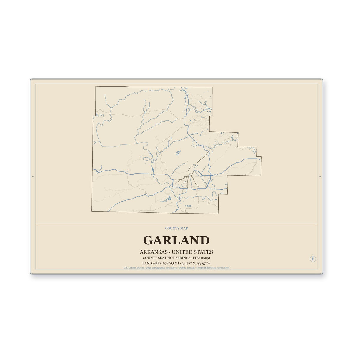 Garland County, Arkansas Map Aluminum Sign in Heritage Nautical style