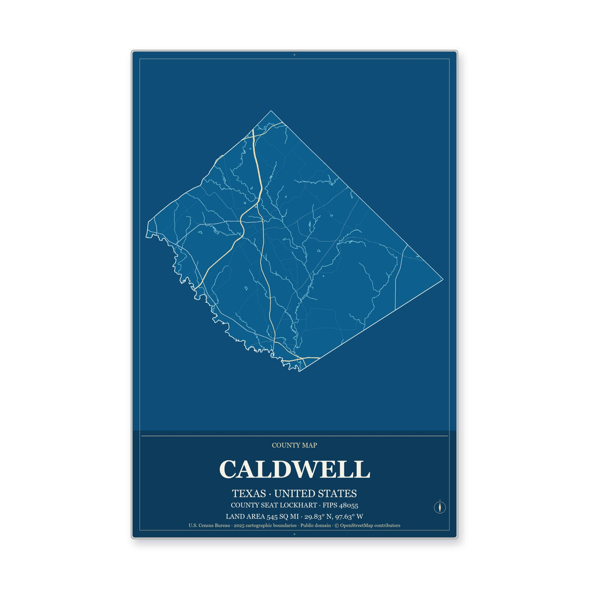 Caldwell County, Texas Map Aluminum Sign in Harbor Cobalt style