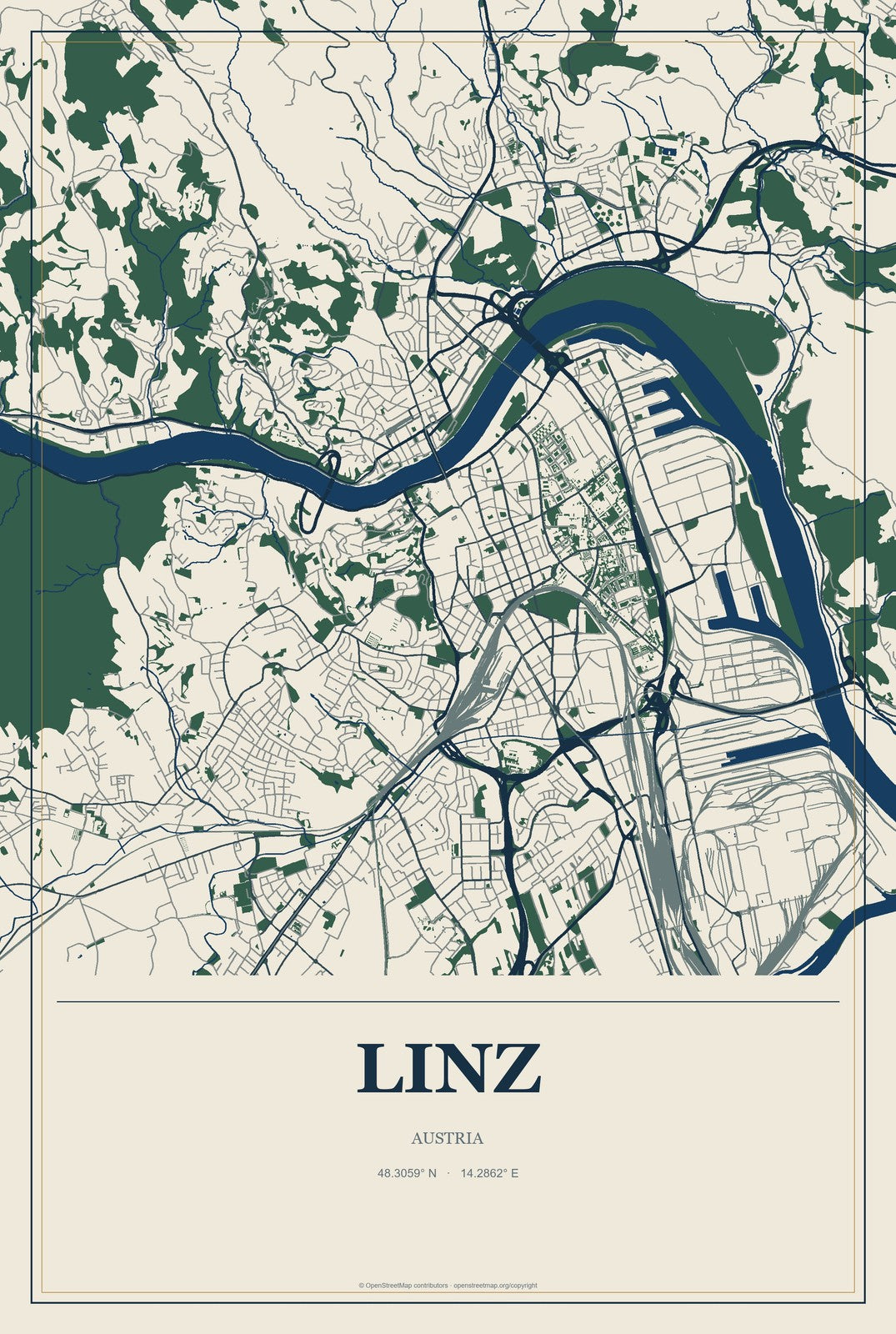 Linz, Austria City Map Aluminum Sign in Coastal Cutout style