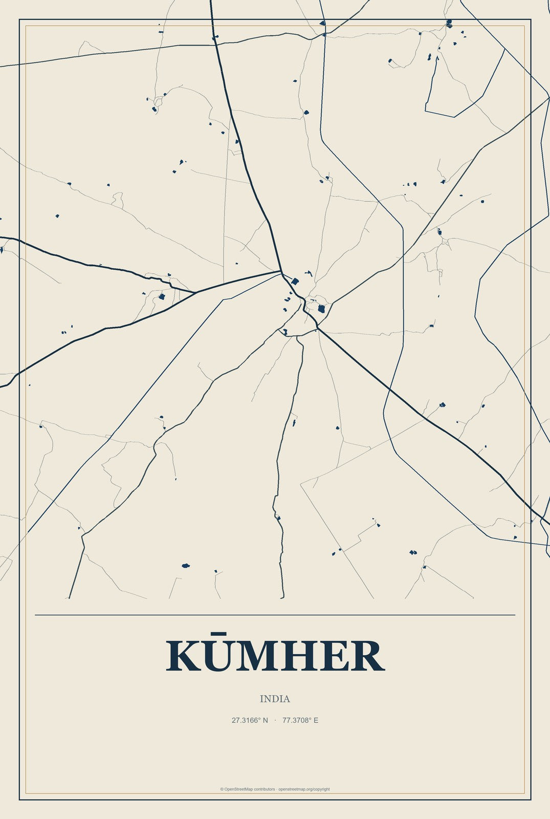 Kūmher, India City Map Aluminum Sign in Coastal Cutout style
