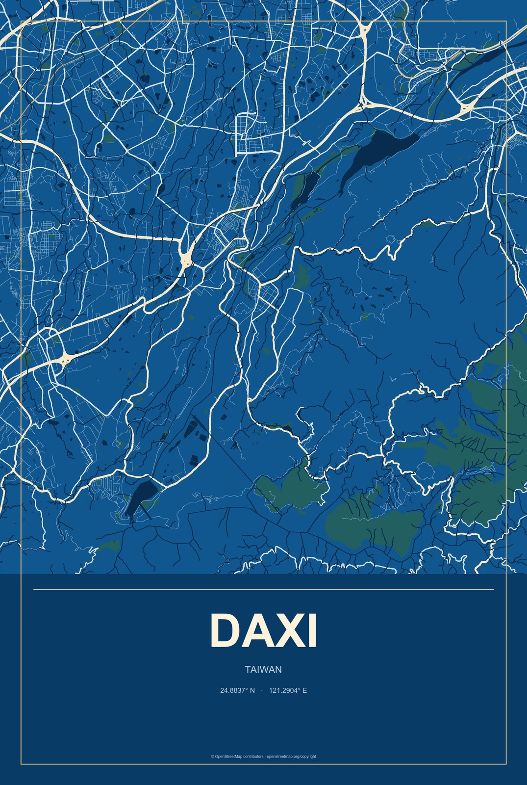 Daxi, Taiwan City Map Aluminum Sign in Harbor Cobalt style