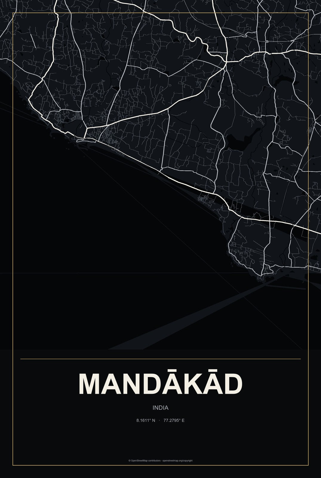 Mandākād, India City Map Aluminum Sign in Metropolitan Noir style