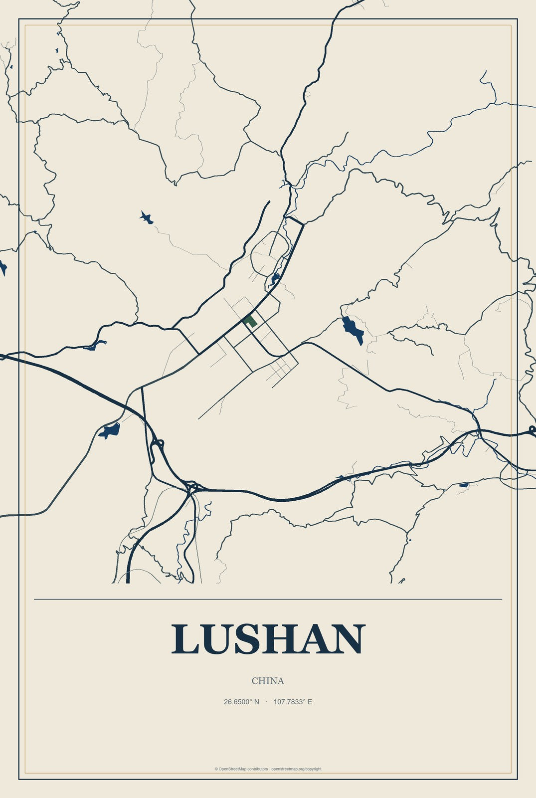 Lushan, China City Map Aluminum Sign in Coastal Cutout style
