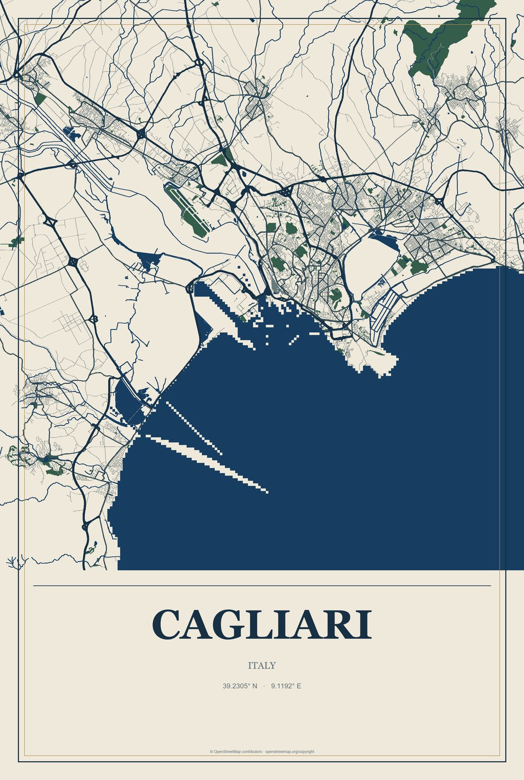 Cagliari, Italy City Map Aluminum Sign in Coastal Cutout style