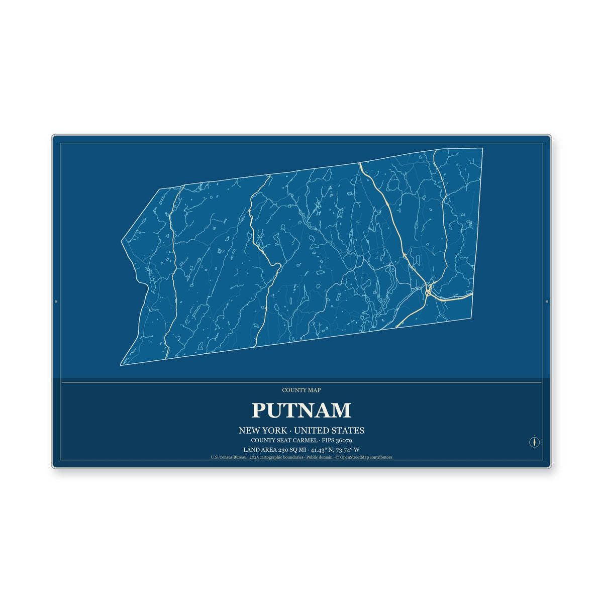 Putnam County, New York Map Aluminum Sign in Harbor Cobalt style